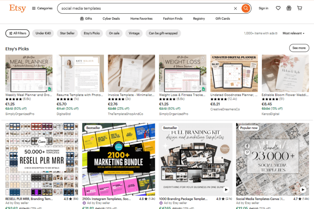 Wtsy Website Screenshot displaying Social Media Templates Illustrating Best Digital Products to Sell on Etsy