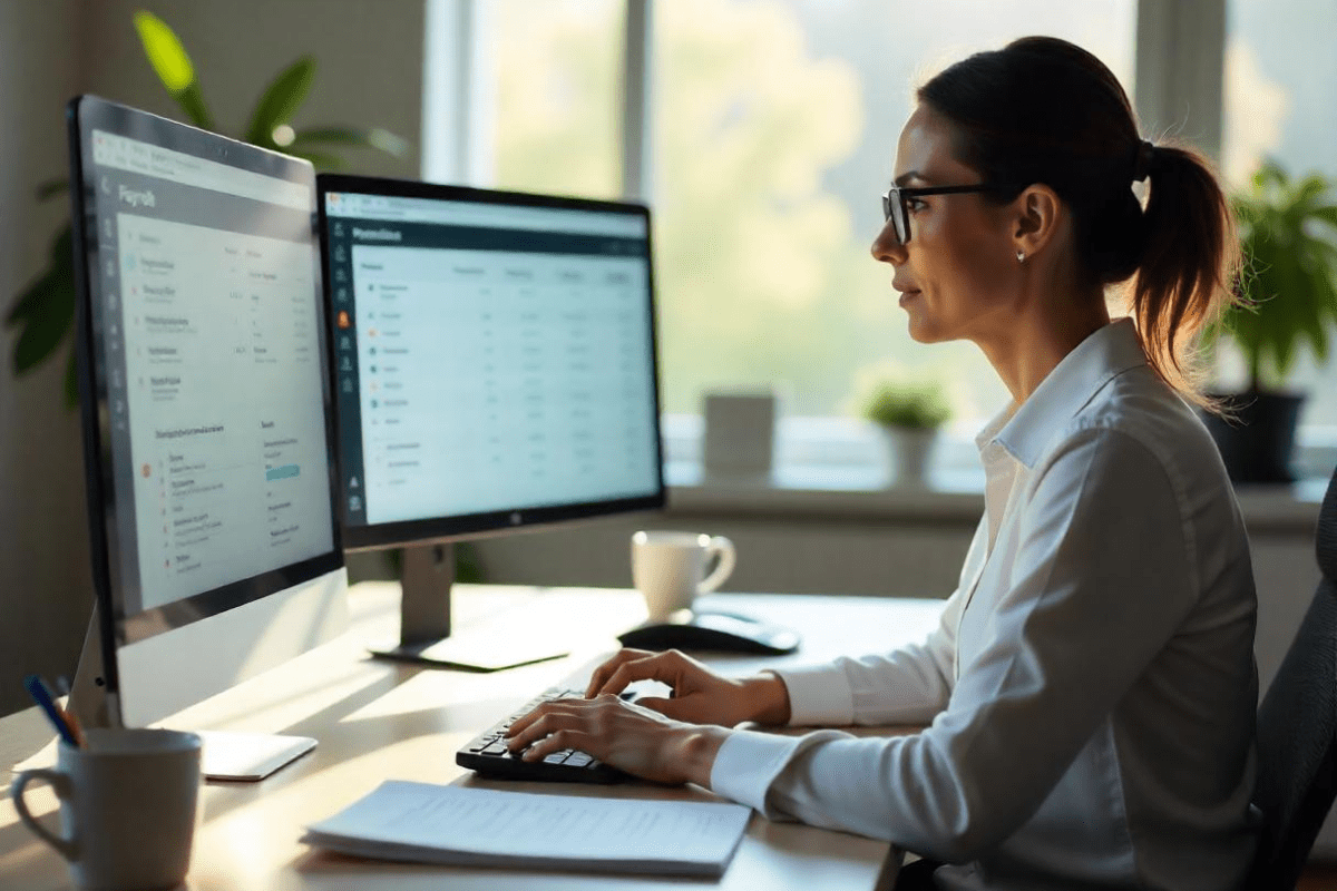 Payroll Processing - Best Side Hustles for Accountants A Woman Is Working on an Accounting Software Typing Something While Watching the Screen In Front Illustrating Payroll as One of the Best Side Hustles for Accountants