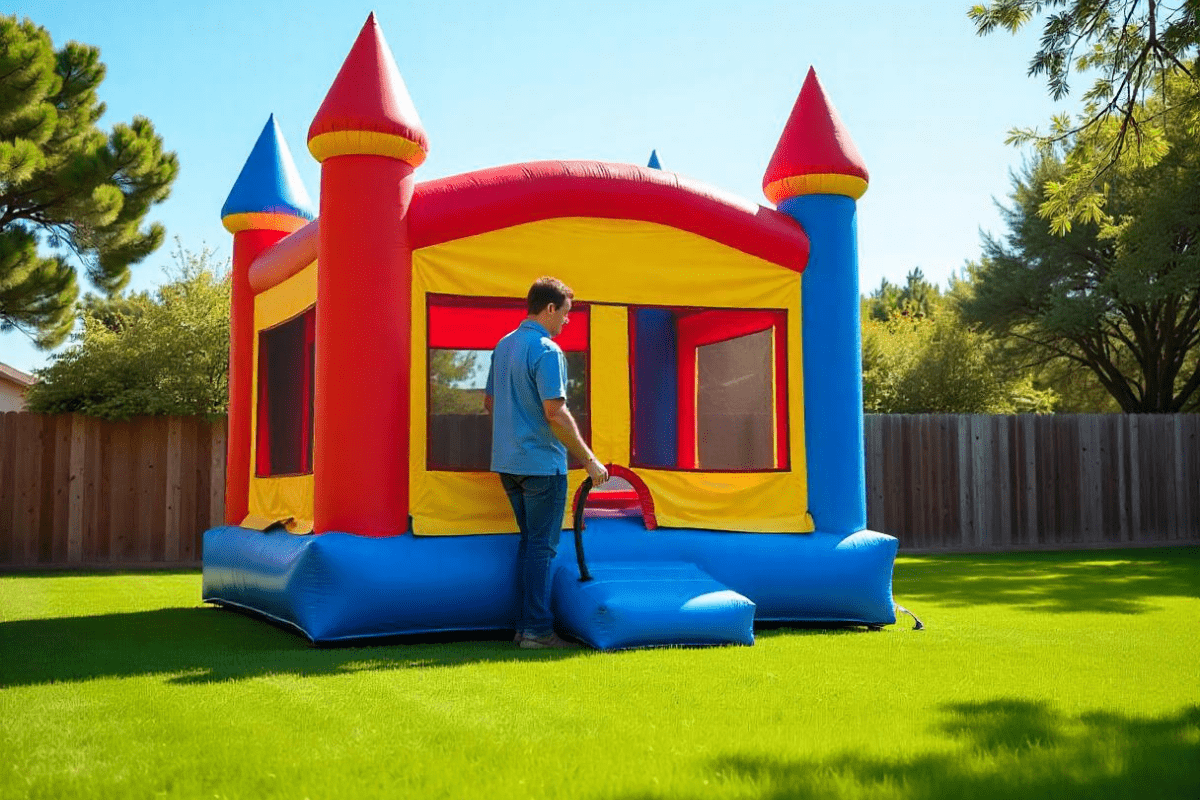 A Person Setting a Bounce House Illustrating How to Start a Bounce House Business