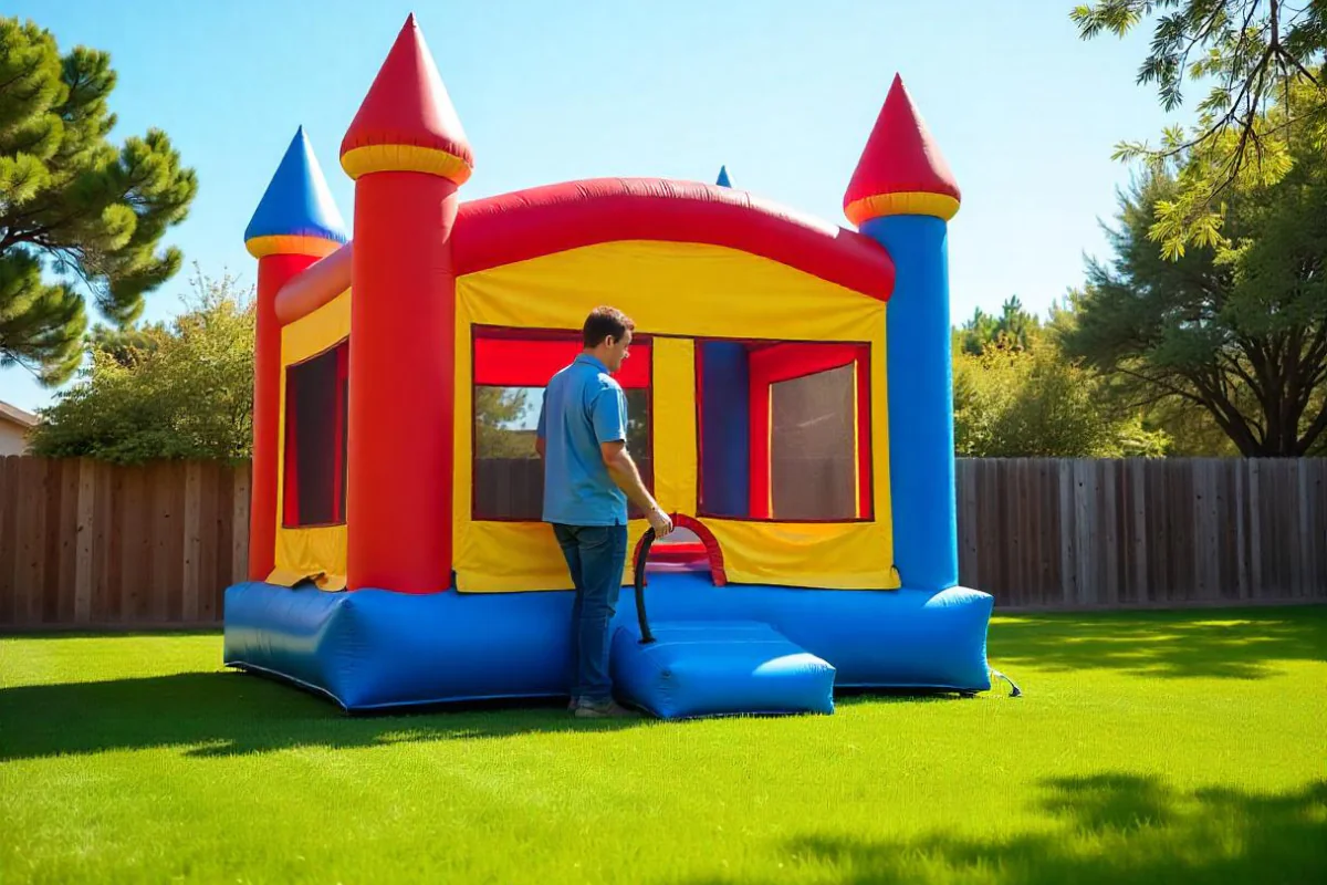 A Person Setting a Bounce House Illustrating How to Start a Bounce House Business