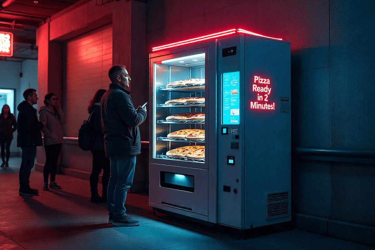 A Man Standing in Front of a Pizza Vending Machine Illustrating Pizza Vending Machine Business Ideas