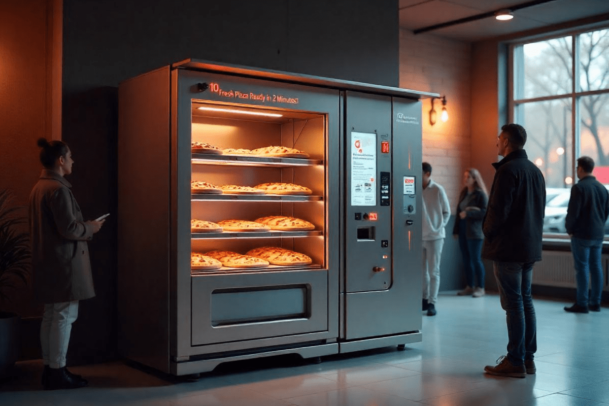 People Standing Close to a Pizza Vending Machine Illustrating Starting a Pizza Vending Machine Business